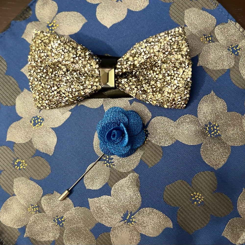 Gold Glitter Bow Tie with Blue Floral Pocket Square